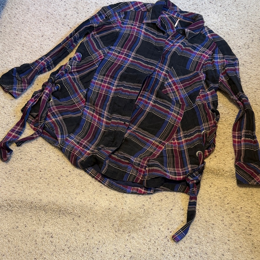 Free People Plaid Button-Up Shirt - Black and Purple